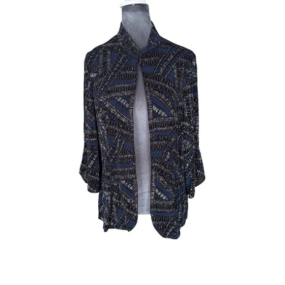 Alex Evenings Womens Open Front Jacket XL Black & Blue Geometric Print 3/4 Sleev - Picture 1 of 6